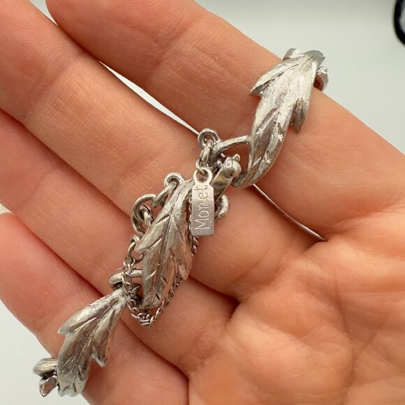 Vintage Monet Brushed Silver Leaf Design Bracelet with Safety Clasp - Picture 7 of 16